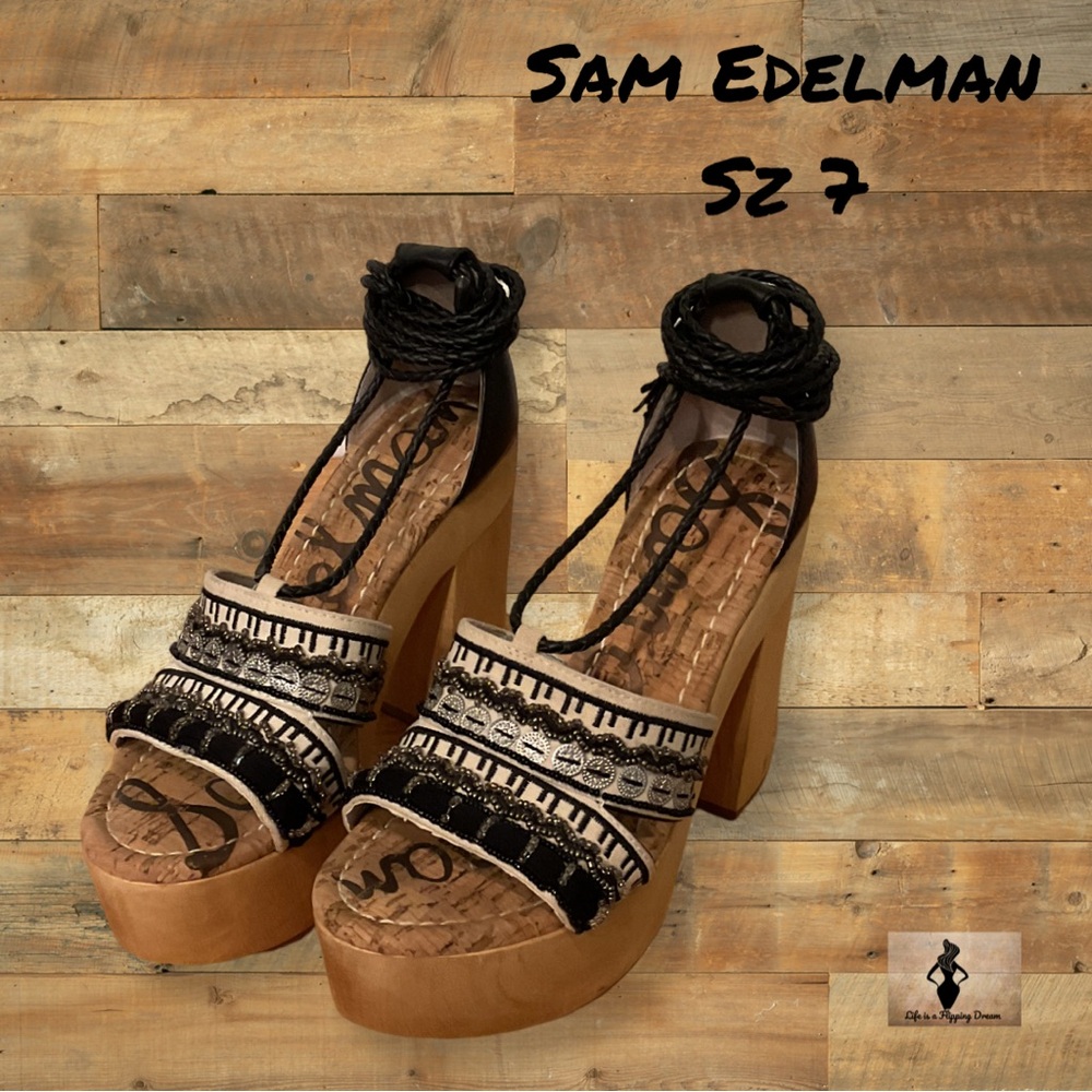 Sam Edelman Black and Tan Women's wooden Heeled Braided Strap Sandals Sz 7